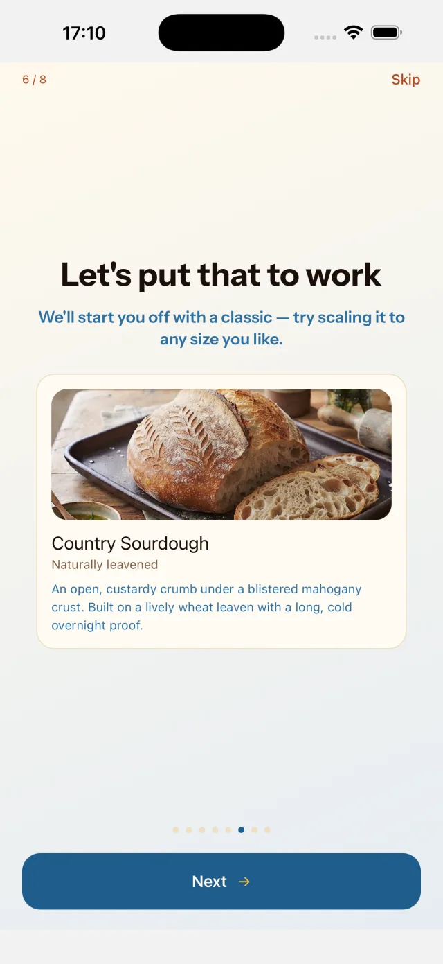 Onboarding screen introducing Country Sourdough as a first recipe to try