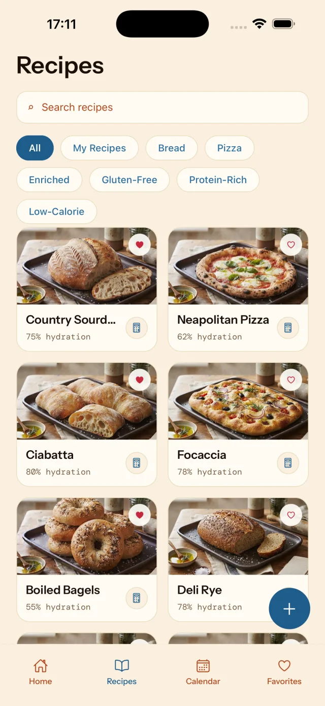 Recipes tab showing a grid of bread recipes with hydration percentages and category filters