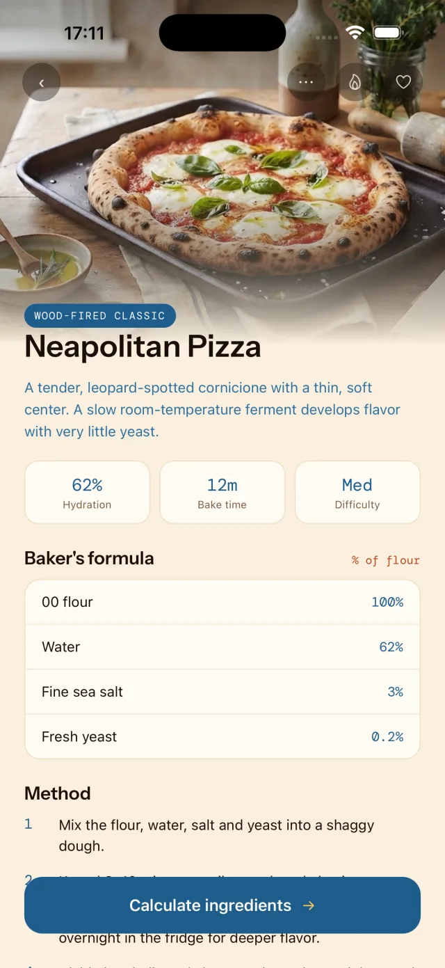 Recipe detail screen for Neapolitan Pizza showing its baker's formula and method