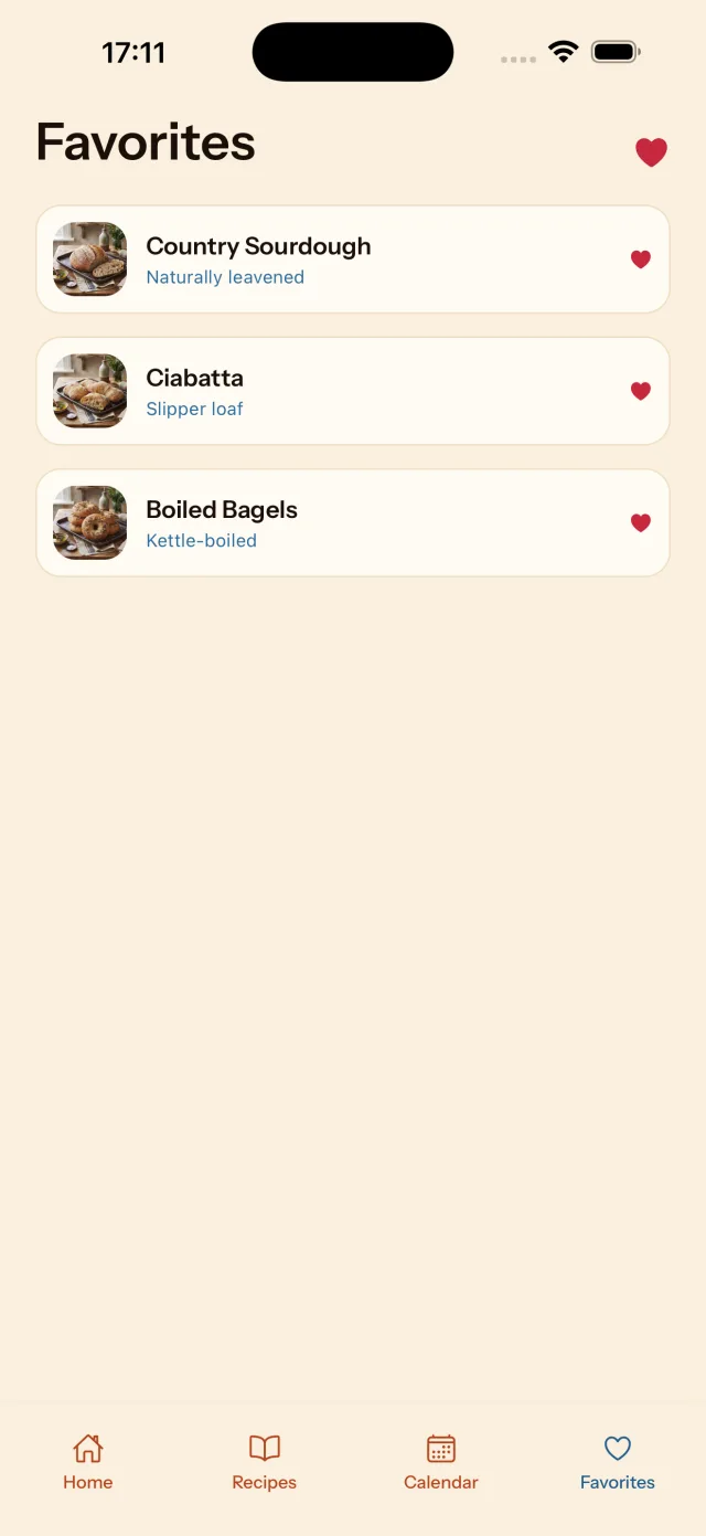 Favorites tab listing saved recipes